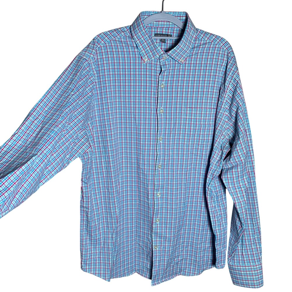 Peter Millar Summer Comfort Shirt Mens XL Blue Plaid Performance Country Club‎